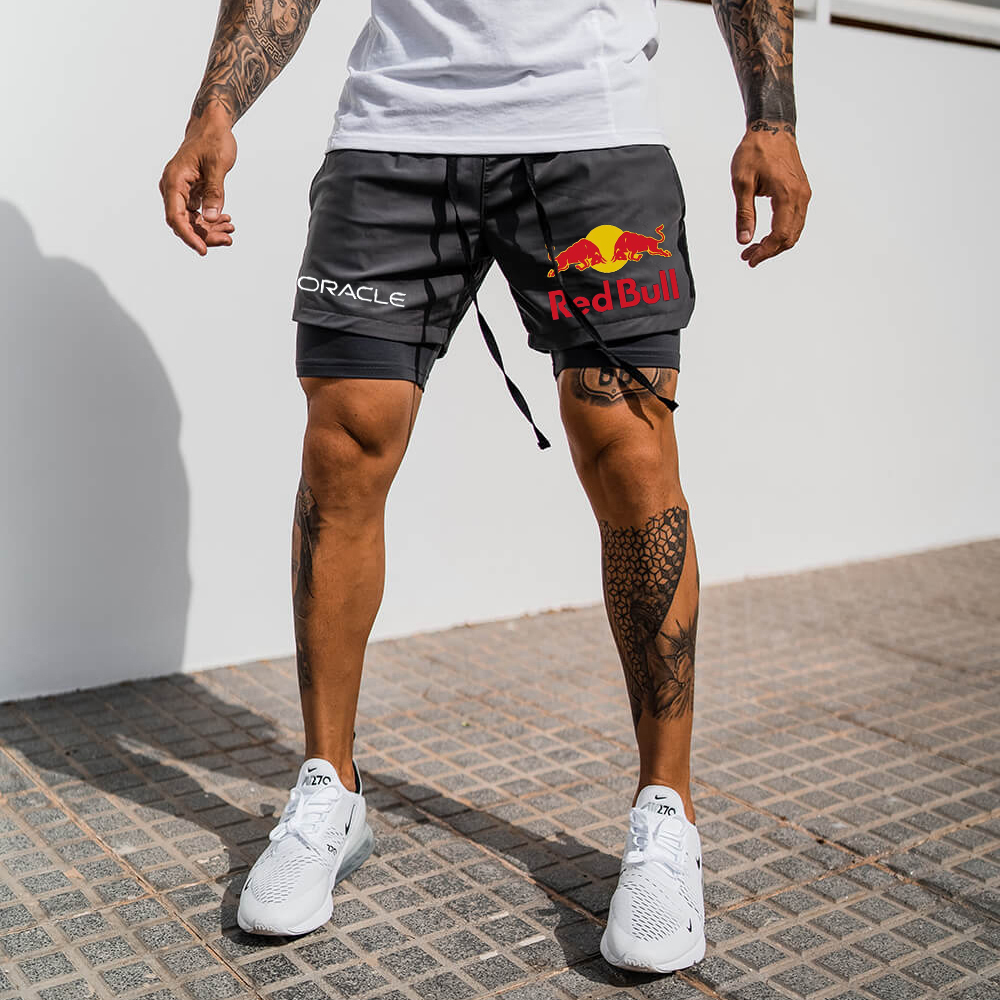 Men's Red Bull Print Double Layer Sports Shorts-Unitsen