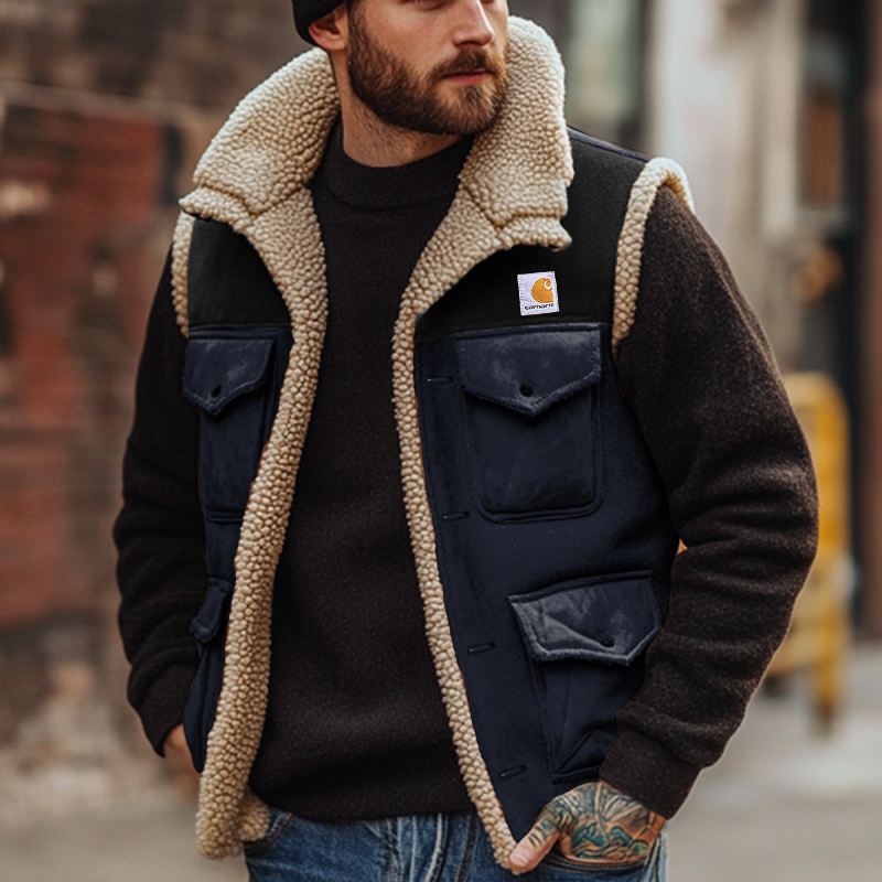 Men's Outdoor Vintage Lamb Wool Splicing Suede Vest Jacket-Unitsen