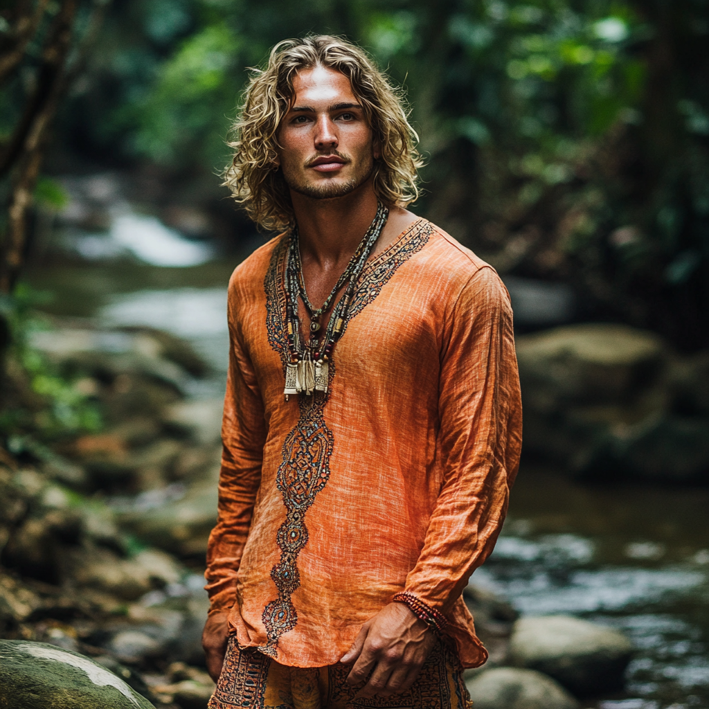 Men's Bohemian Holiday Style Vintage Printed Casual Long Sleeve Top-Unitsen