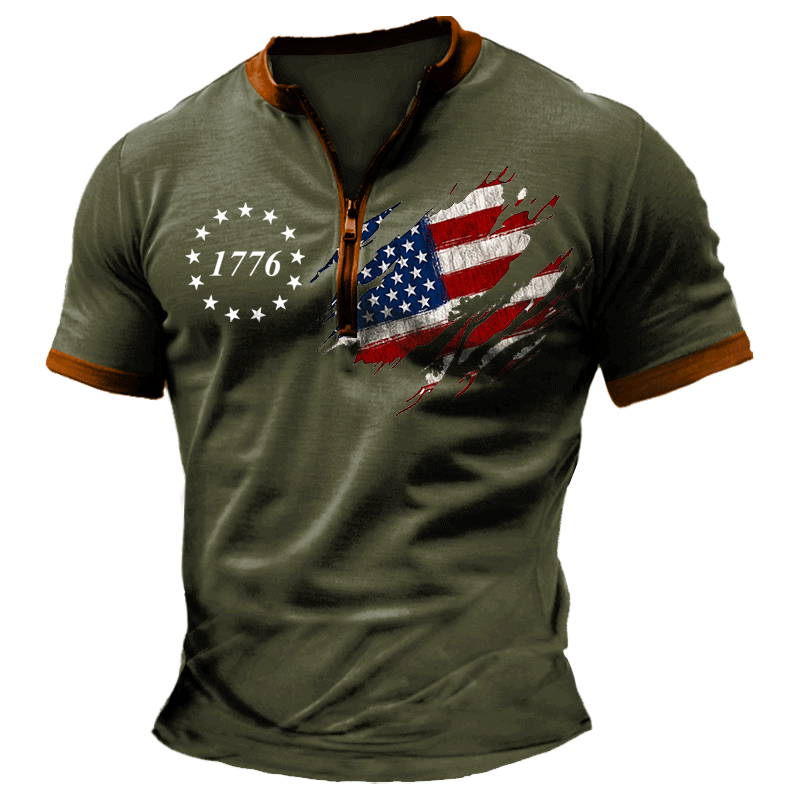 Men's Vintage American 1776 Patriotic Print Zipper Daily Short Sleeve T-Shirt-Unitsen