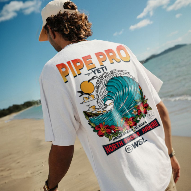 Oversized Men's Retro Surf 2024 Pipe Pro Print T-Shirt-Unitsen
