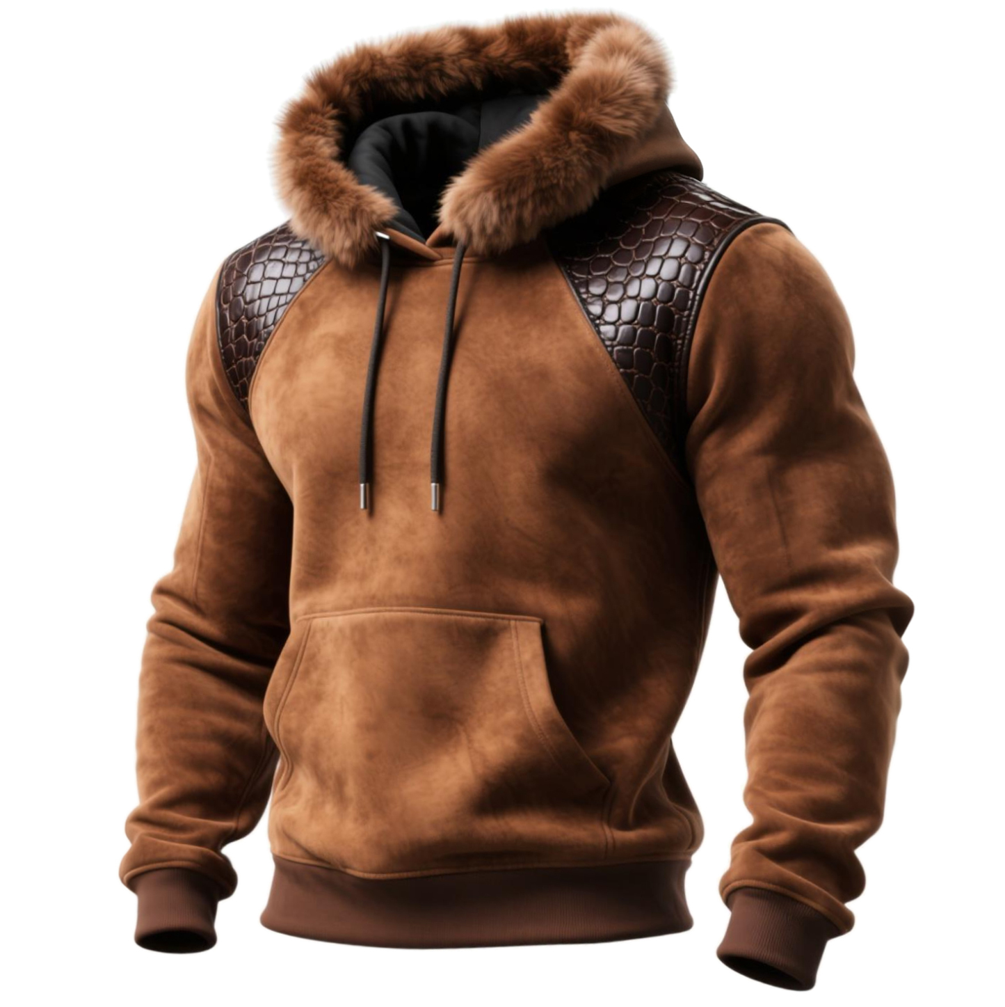 Men's Outdoor Retro Style Leather Stitching Suede Fur Collar Hooded Sweatshirt With Detachable Fur Collar