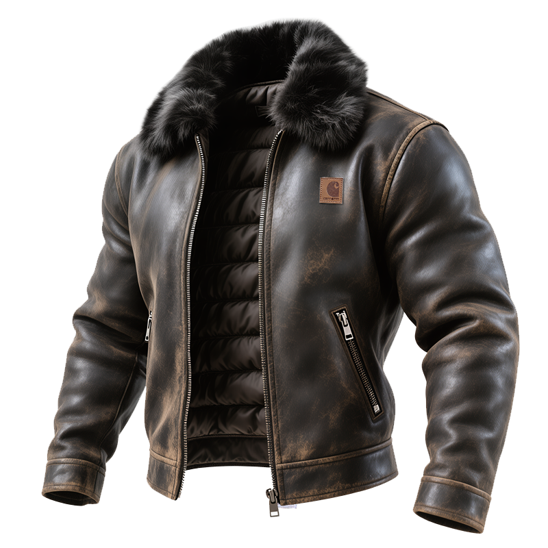 Men's Outdoor Cycling Vintage Brown Leather Jacket With Fur Collar-Unitsen