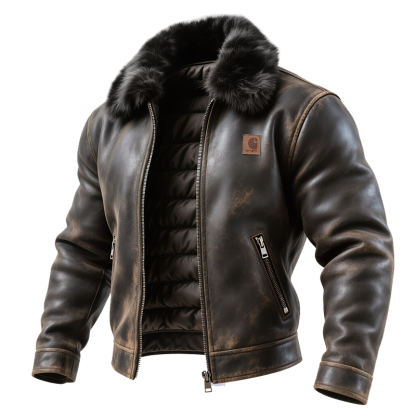 Men's Outdoor Cycling Vintage Brown Leather Jacket With Fur Collar-Unitsen