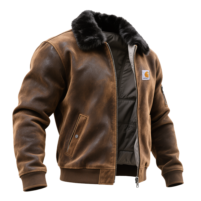Men's Outdoor Cycling Brown Leather Jacket With Fur Collar-Unitsen