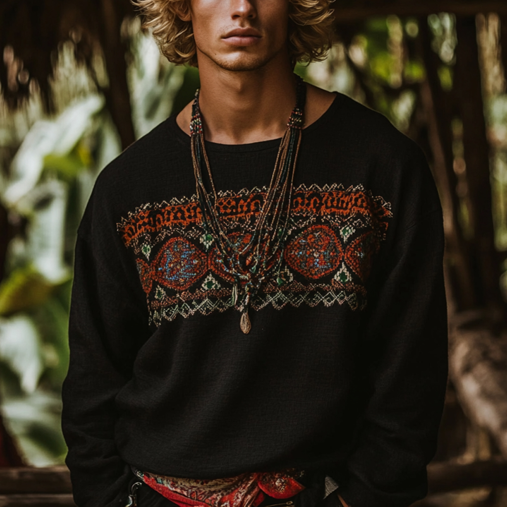 Men's Bohemian Holiday Style Vintage Linen Printed Casual Long Sleeve Top-Unitsen