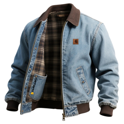 Vintage Washed Denim Lapel Zipper Cardigan Jacket Plaid Lined Coat-Unitsen