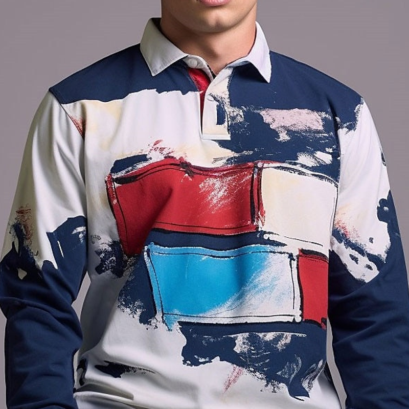 Stylish Abstract Print Long Sleeve Polo Shirt For Men - Perfect For Casual And Semi-Formal Occasions-Unitsen