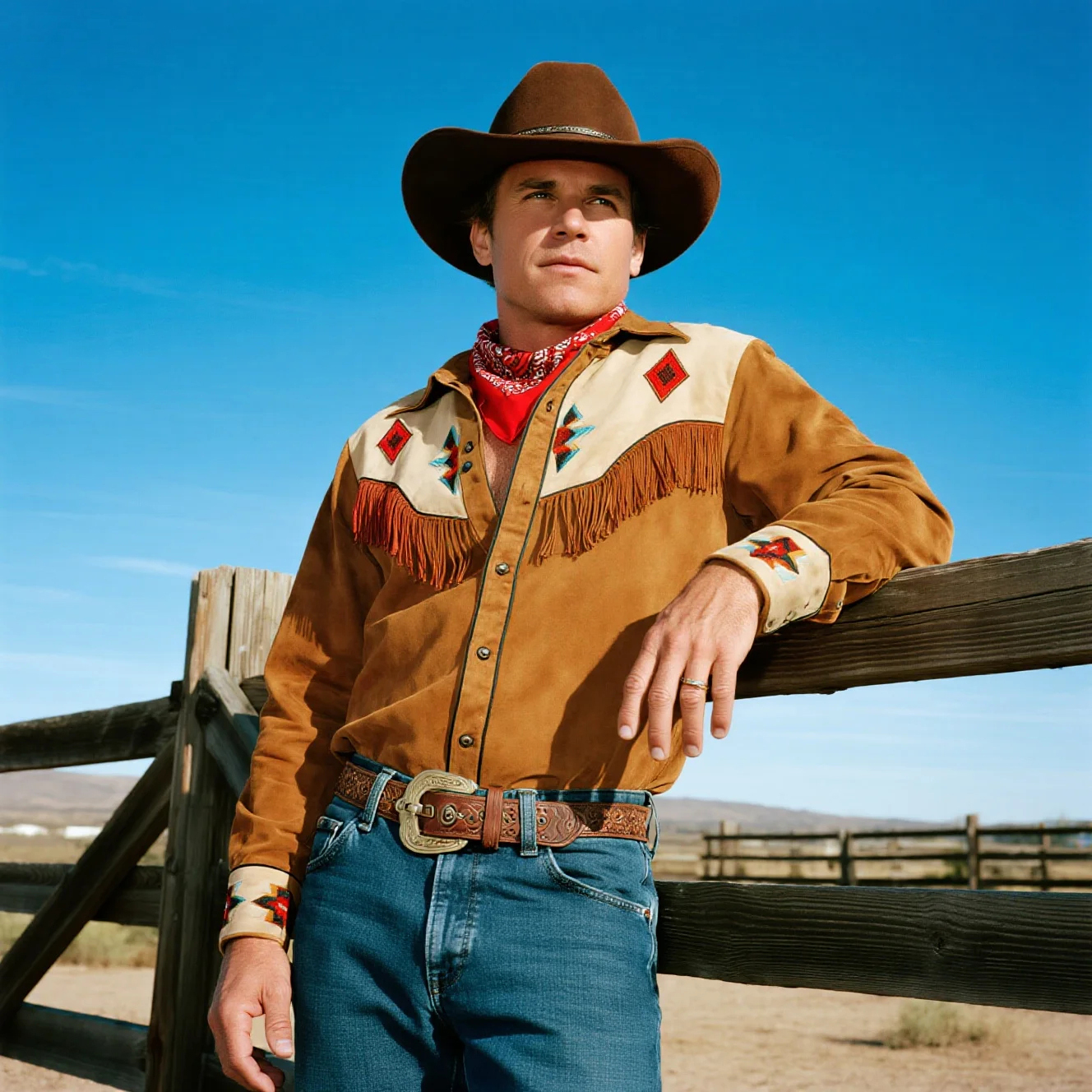 Retro Western Cowboy Style Contrast Color Suede Long Sleeve Top-Unitsen