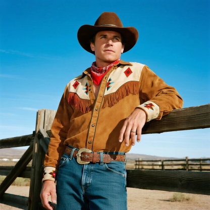 Retro Western Cowboy Style Contrast Color Suede Long Sleeve Top-Unitsen