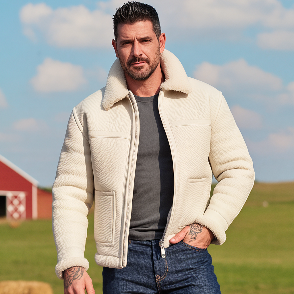 Men's Cream Sherpa Jacket For Casual Outdoor Style-Unitsen