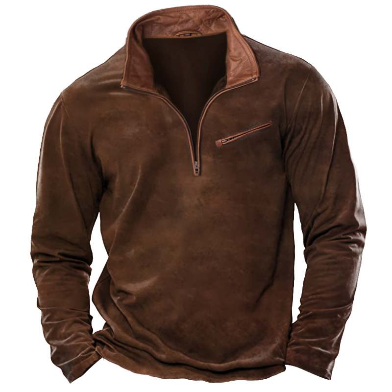 Men's T-Shirt 1/4 Zip Leather Lapel Long Sleeve Vintage Pocket Everyday Pullover-Unitsen
