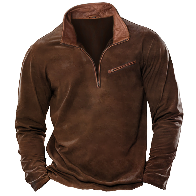 Men's T-Shirt 1/4 Zip Leather Lapel Long Sleeve Vintage Pocket Everyday Pullover-Unitsen