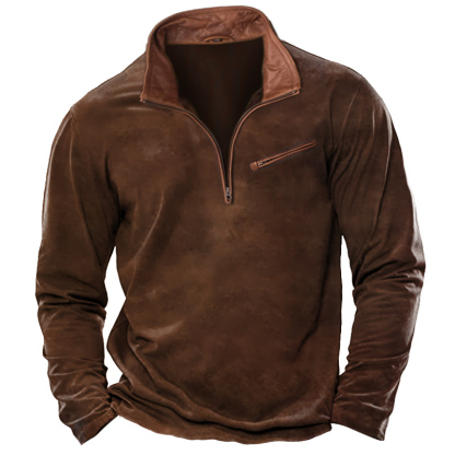 Men's T-Shirt 1/4 Zip Leather Lapel Long Sleeve Vintage Pocket Everyday Pullover-Unitsen