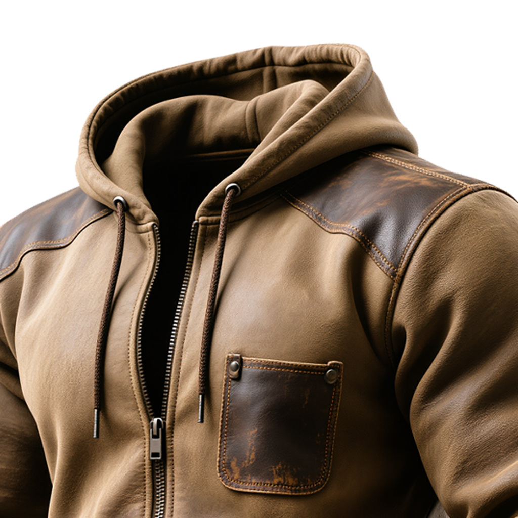 Brown Leather-Trimmed Zipper Hooded Jacket-Unitsen