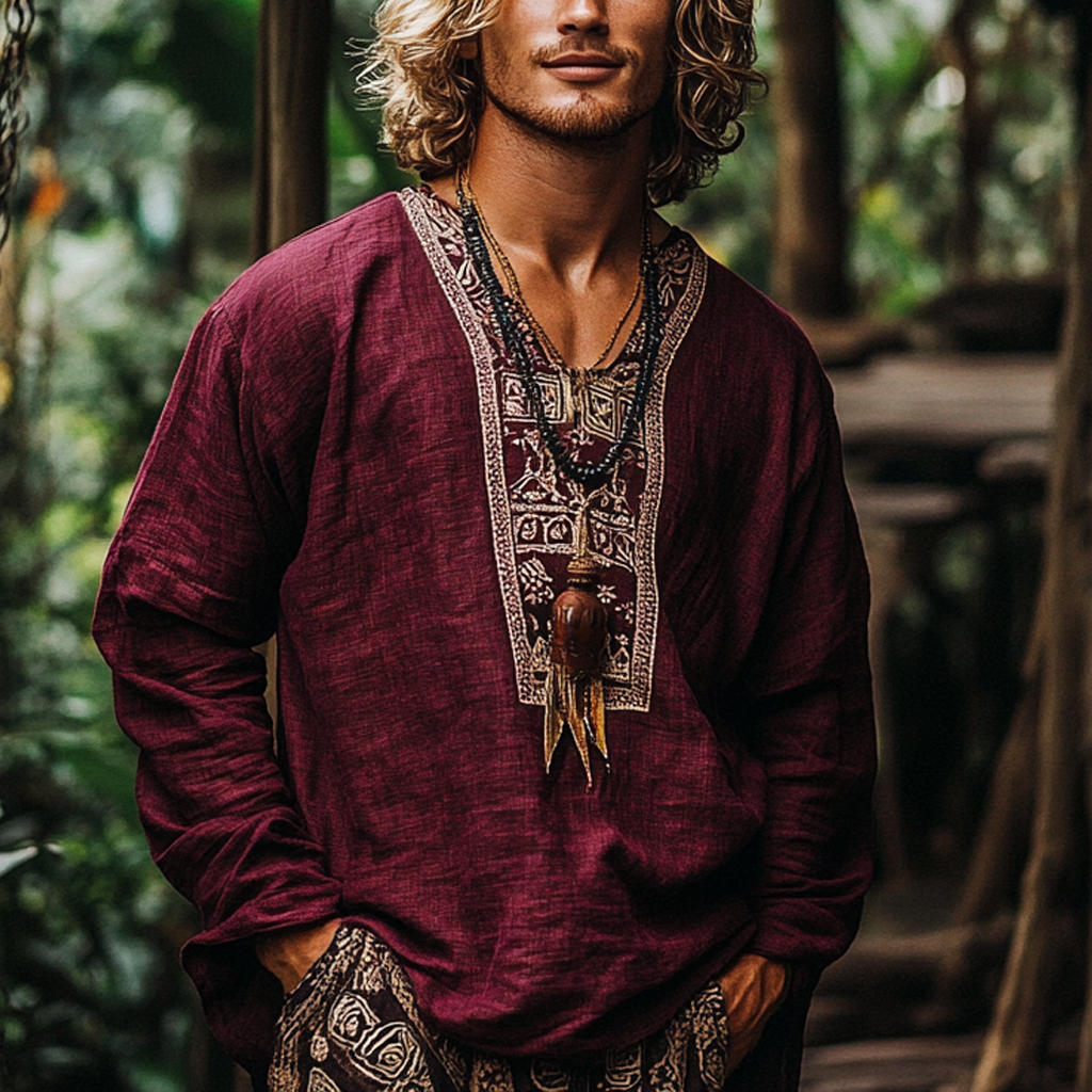 Men's Bohemian Holiday Style Vintage Linen Printed Casual Long Sleeve Top-Unitsen