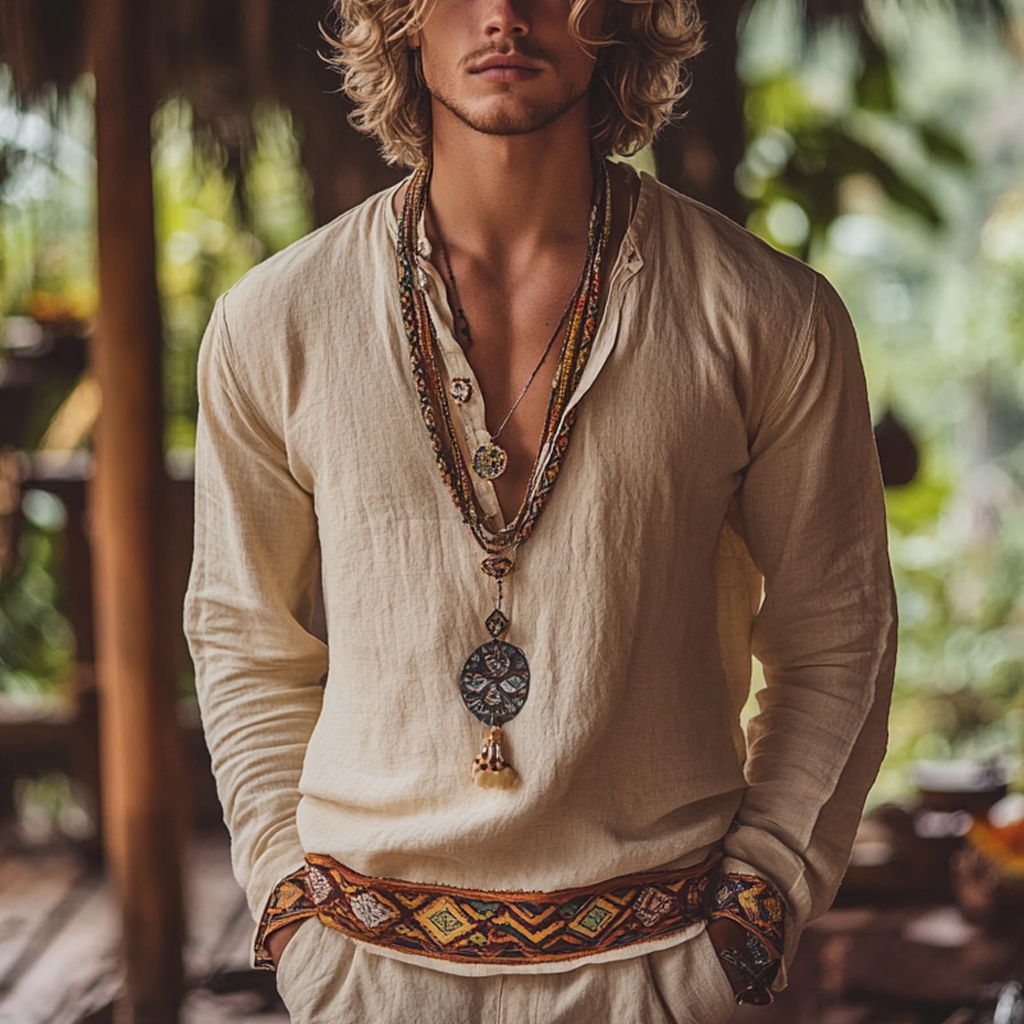 Men's Bohemian Holiday Style Vintage Linen Printed Casual Long Sleeve Top-Unitsen