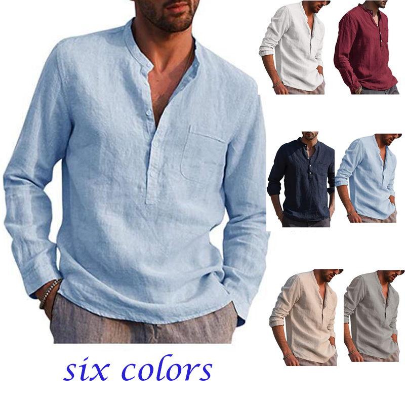 Men's Shirt Linen Shirt Maroon Shirt Solid Color V Neck White Black Gray Wine Army Green Long Sleeve Daily Vacation Tee-Unitsen