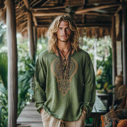 Men's Bohemian Holiday Style Vintage Linen Printed Casual Long Sleeve Top-Unitsen