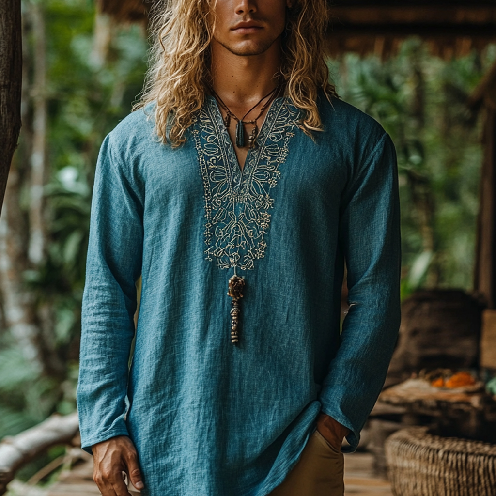 Men's Bohemian Holiday Style Vintage Linen Printed Casual Long Sleeve Top-Unitsen