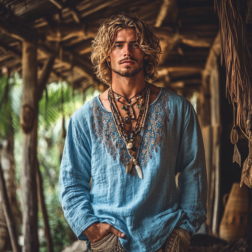 Men's Bohemian Holiday Style Vintage Linen Printed Casual Long Sleeve Top-Unitsen