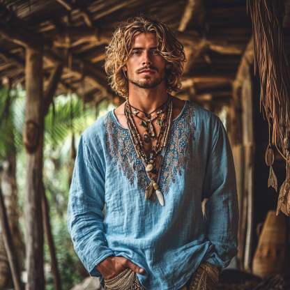 Men's Bohemian Holiday Style Vintage Linen Printed Casual Long Sleeve Top-Unitsen