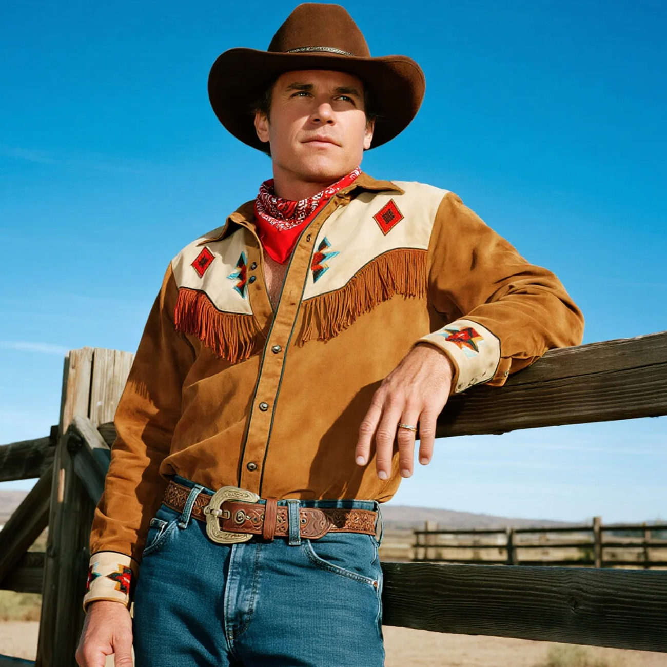 Retro Western Cowboy Style Contrast Color Suede Long Sleeve Top-Unitsen