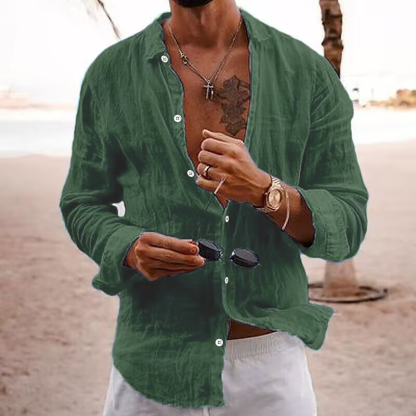 Men's Solid Color Lapel Casual Long Sleeve Cotton Linen Shirt-Unitsen