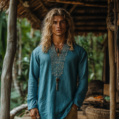 Men's Bohemian Holiday Style Vintage Linen Printed Casual Long Sleeve Top-Unitsen