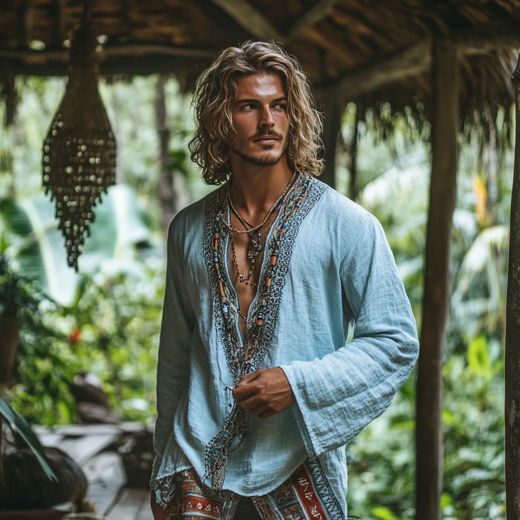 Men's Bohemian Holiday Style Vintage Linen Printed Casual Long Sleeve Top-Unitsen