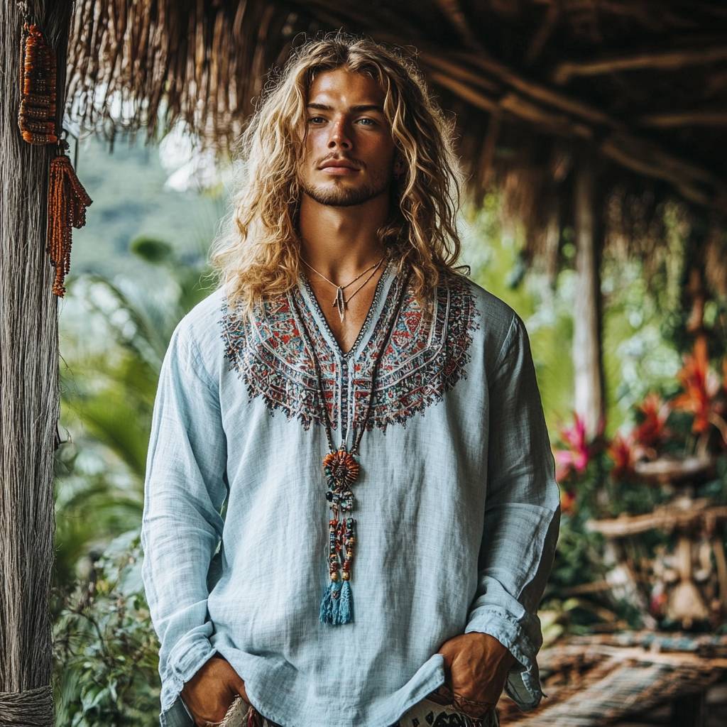 Men's Bohemian Holiday Style Vintage Linen Printed Casual Long Sleeve Top-Unitsen