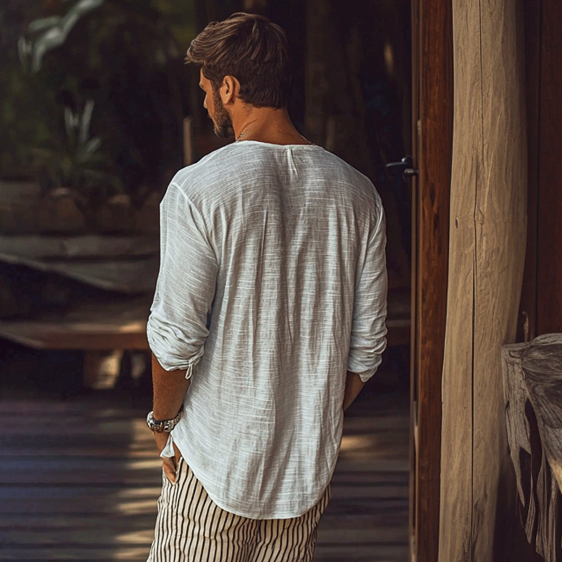 Men's Basic V-Neck Breathable Linen Long Sleeve Shirt-Unitsen