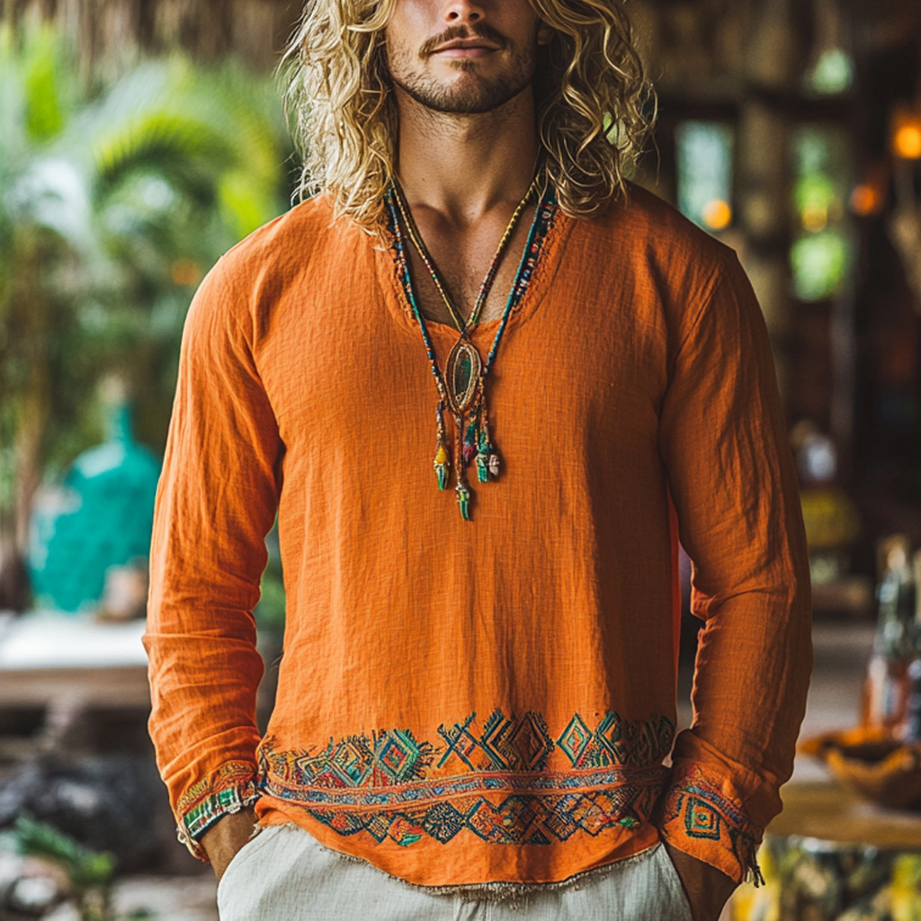 Men's Bohemian Holiday Style Vintage Linen Printed Casual Long Sleeve Top-Unitsen