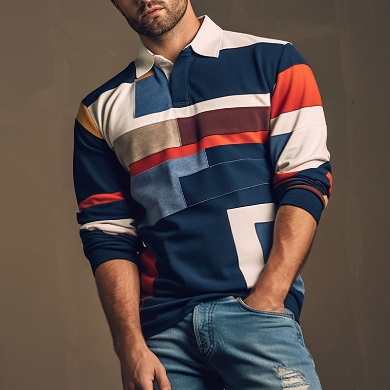 Stylish Color Block Long Sleeve Polo Shirt For Men - Perfect For Casual And Sporty Looks-Unitsen