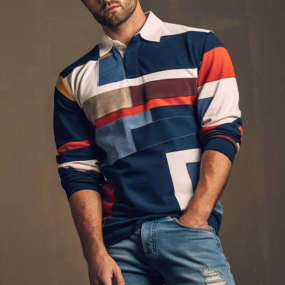 Stylish Color Block Long Sleeve Polo Shirt For Men - Perfect For Casual And Sporty Looks-Unitsen