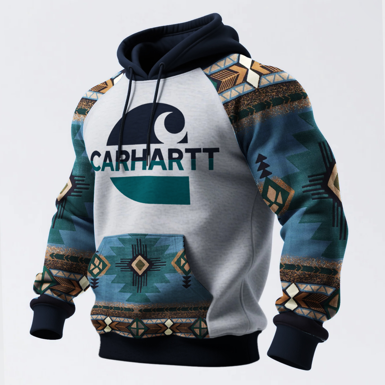 Retro Western Style Ethnic Print Contrast Color Stitching Hooded Sweatshirt-Unitsen