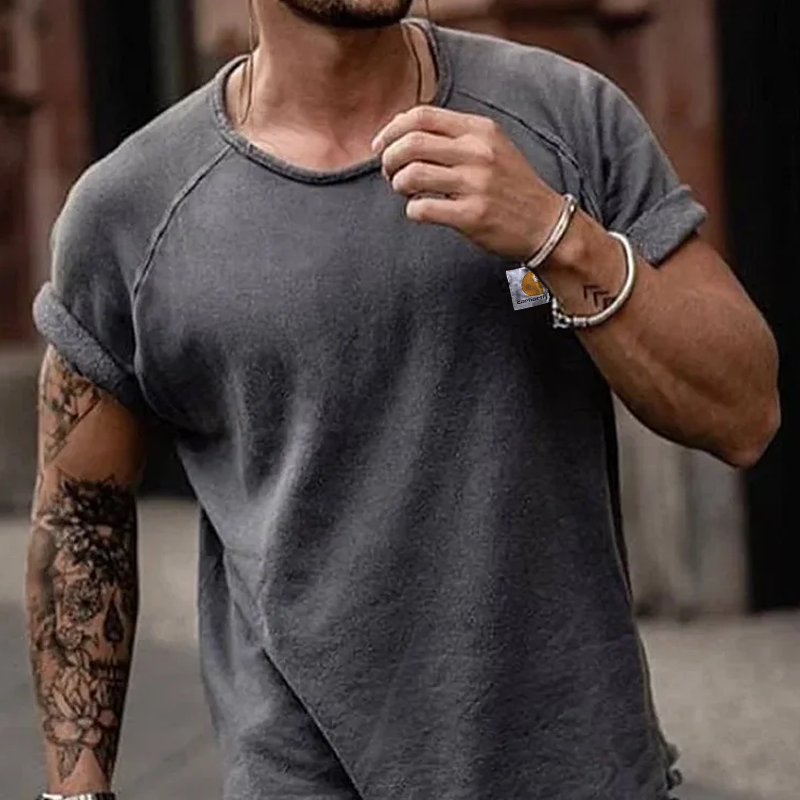 Casual Gray T-Shirt With Rolled Sleeves-Unitsen