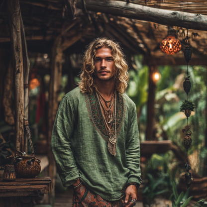 Men's Bohemian Holiday Style Vintage Linen Printed Casual Long Sleeve Top-Unitsen