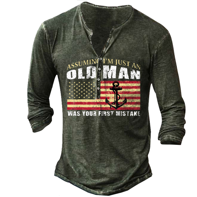Old Men Was Your First Mistake Men's Henley Button Long Sleeve Shirt-Unitsen