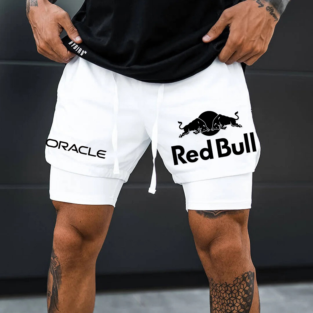 Men's Red Bull Logo Print Double Layer Sports White Shorts-Unitsen