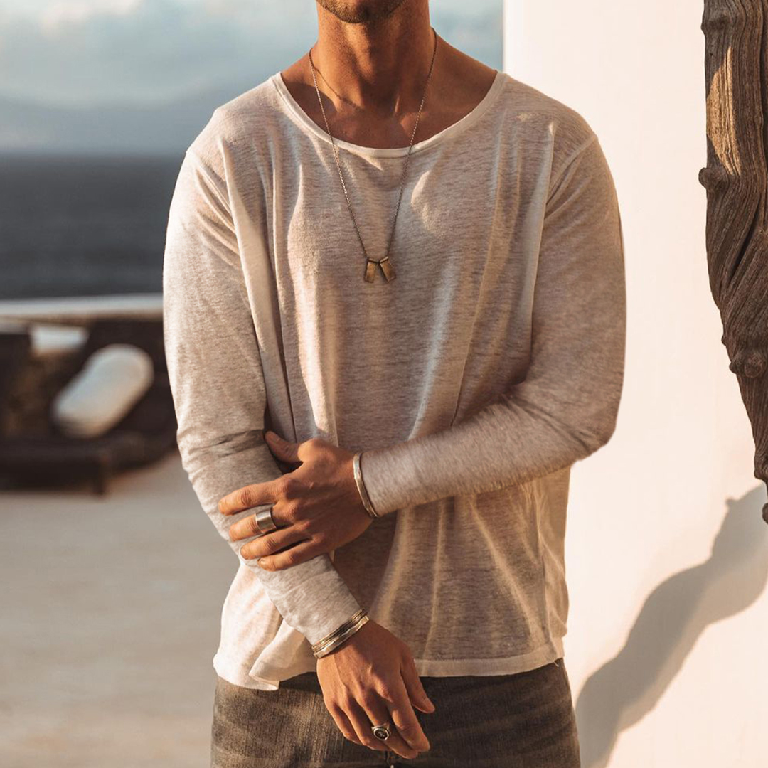 Men's Casual Cotton Linen Long Sleeve T-Shirt-Unitsen
