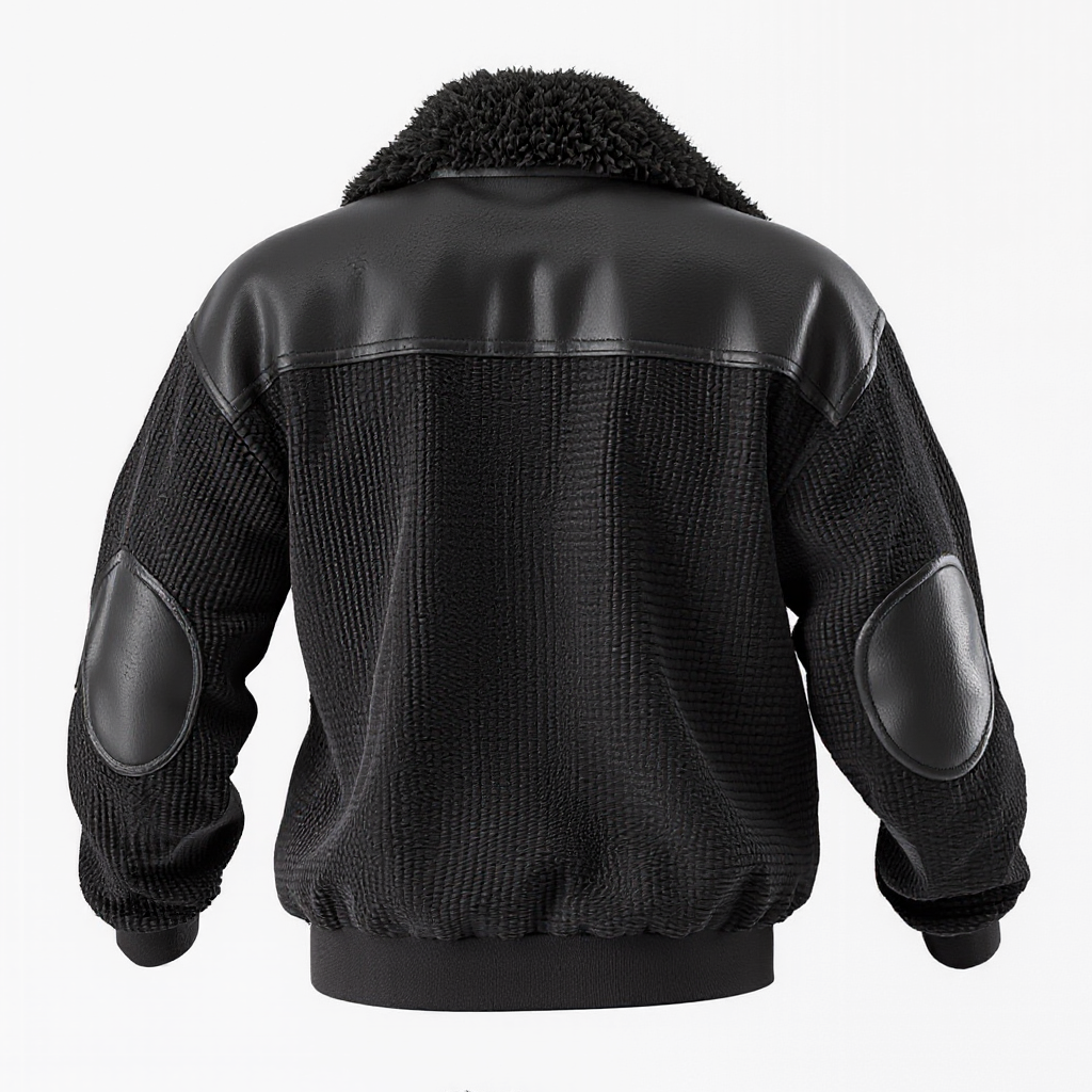 Black Quilted Jacket With Faux Leather And Sherpa Collar-Unitsen