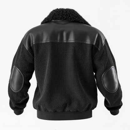 Black Quilted Jacket With Faux Leather And Sherpa Collar-Unitsen