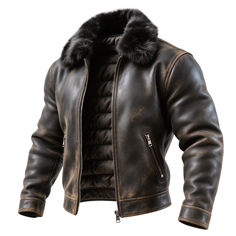 Men's Outdoor Cycling Vintage Brown Leather Jacket With Fur Collar-Unitsen