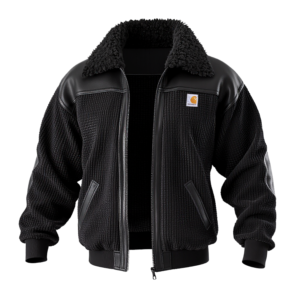 Black Quilted Jacket With Faux Leather And Sherpa Collar-Unitsen