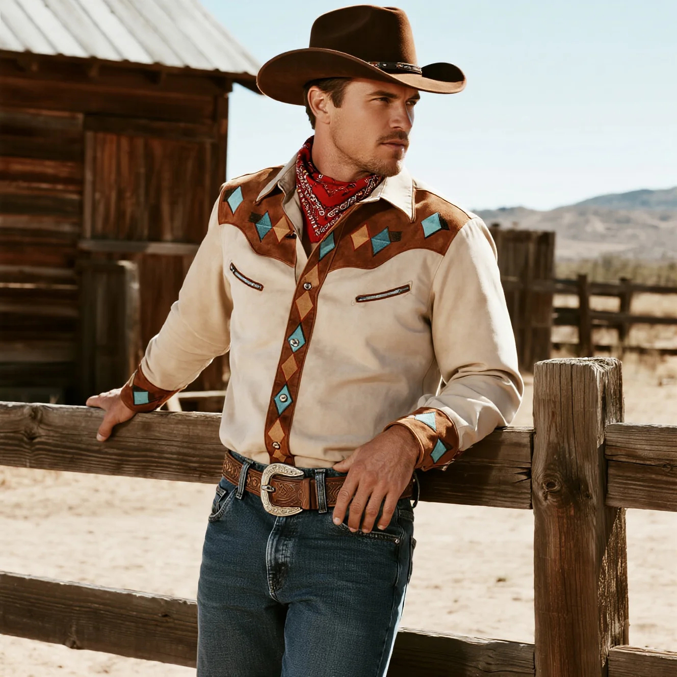 Retro Western Cowboy Style Contrast Color Suede Long Sleeve Top-Unitsen