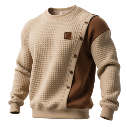 En's Western Retro Style Waffle Color Block Button-Up Crew Neck Sweatshirt