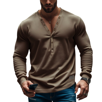 Stylish Henley Neck Long Sleeve Shirt For Men - Perfect For Casual And Semi-Formal Occasions-Unitsen