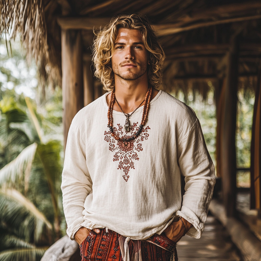 Men's Bohemian Holiday Style Vintage Linen Printed Casual Long Sleeve Top-Unitsen