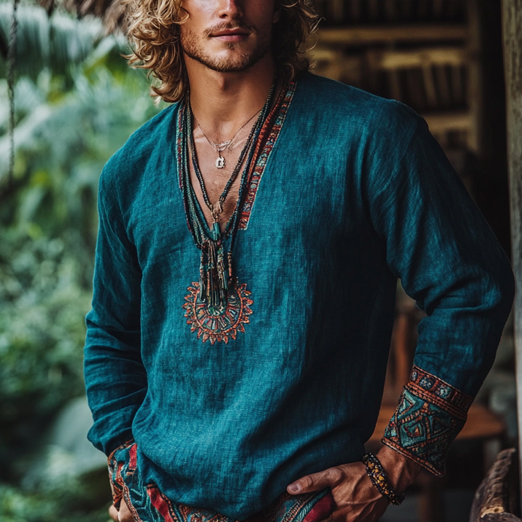 Men's Bohemian Holiday Style Vintage Linen Printed Casual Long Sleeve Top-Unitsen